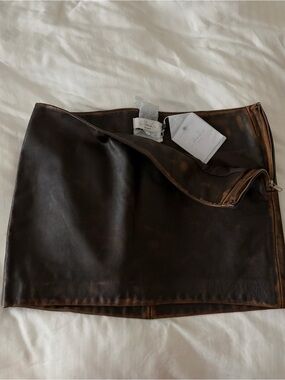 L’Academie Dark Brown Distressed Leather Mini Skirt
